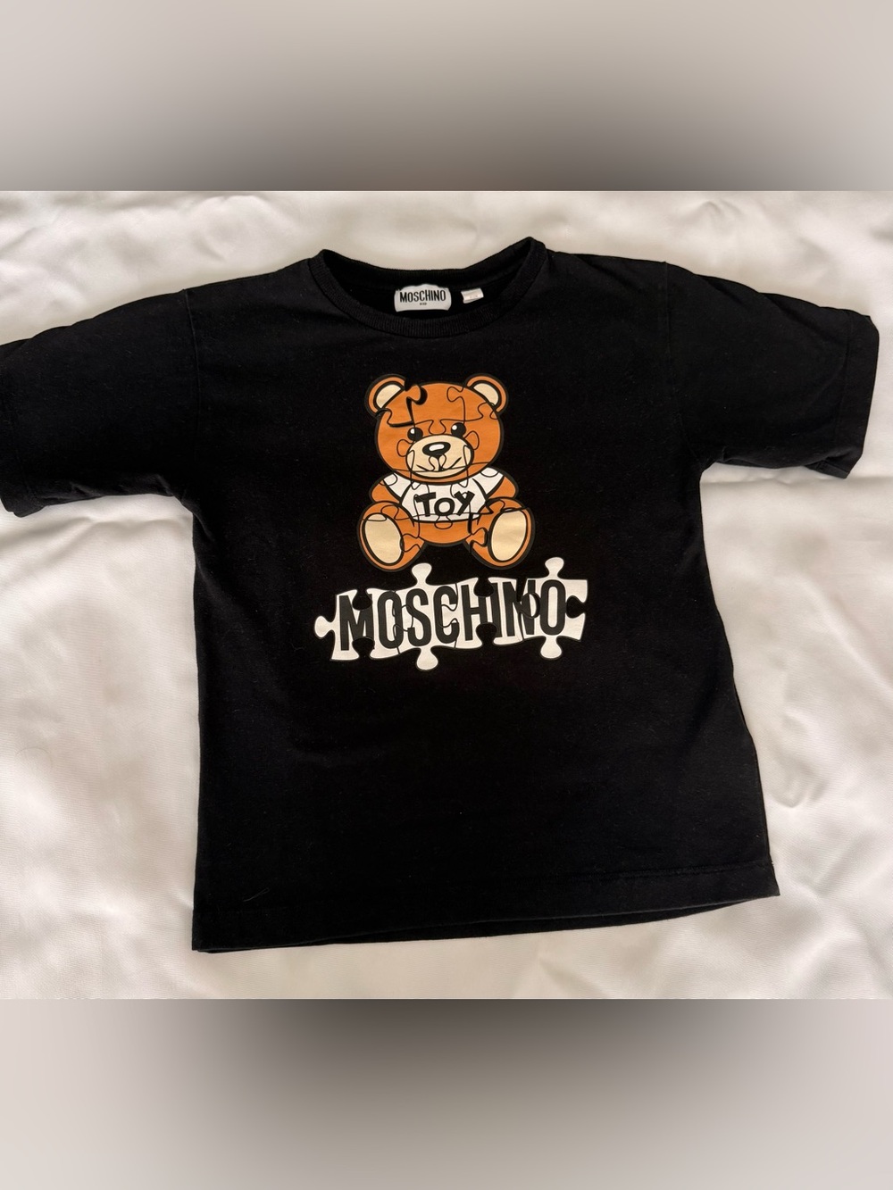Moschino Black Tee with Brown Teddy Puzzle Logo